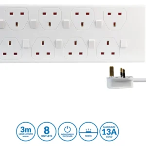 Pro Elec 8 Gang Individually Switched Extension Lead, 3m, White