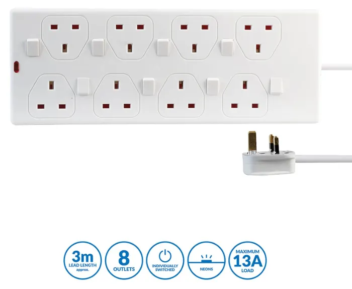 Pro Elec 8 Gang Individually Switched Extension Lead, 3m, White