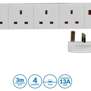 Pro Elec 4 Gang Extension Lead, 3m, White