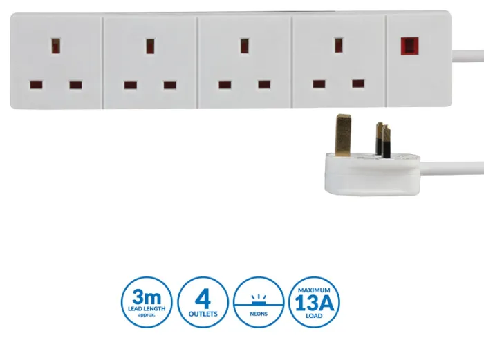 Pro Elec 4 Gang Extension Lead, 3m, White