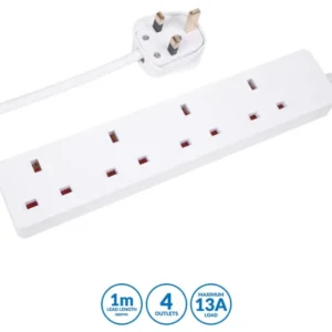 Pro Elec 4 Gang Extension Lead, 1m, White