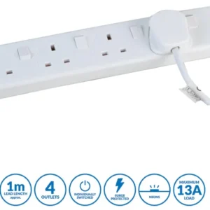 Pro Elec 4 Gang Surge Protected Switched Extension Lead, 1m