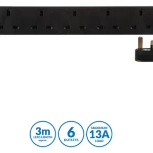 Pro Elec 6 Gang Extension Lead, 3m, Black