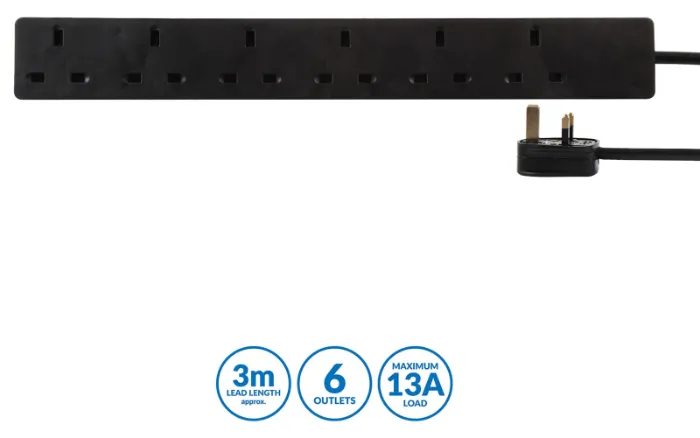 Pro Elec 6 Gang Extension Lead, 3m, Black